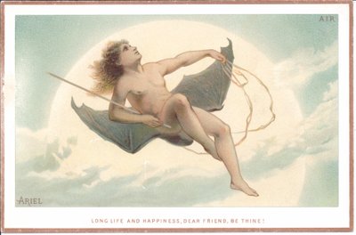 Una carta vittoriana di un uomo nudo che tiene una verga e siede su un paio di enormi ali di pipistrello volando tra le nuvole, c.1880 da English School