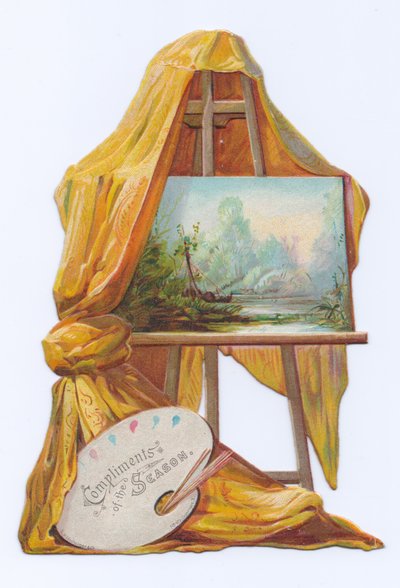 Cartolina vittoriana a forma di dipinto su un cavalletto con un drappo, c.1880 da English School