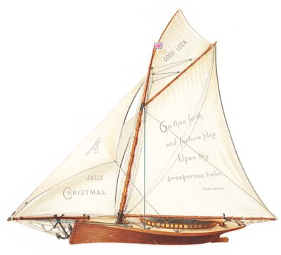 Biglietto natalizio tridimensionale vittoriano fustellato raffigurante una barca a vela, 1880 circa (litografia a colori) da English School