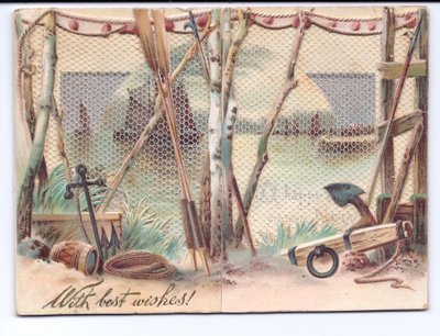 Biglietto di auguri vittoriano con navi a vela viste attraverso uno schermo di garza, c.1880 da English School