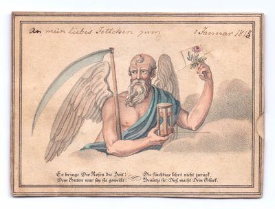 Cartolina di auguri vittoriana del mietitore con una falce e una clessidra che tiene una rosa, c. 1815 (litografia a colori) da English School