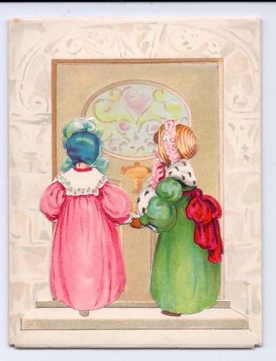 Cartolina di auguri vittoriana con due bambini che indossano cappelli pronti a entrare in una porta d