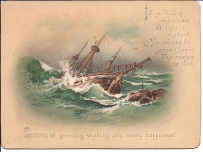 Cartolina di Natale vittoriana di una nave in mare agitato. Quando la cartolina è tenuta davanti a una fonte di luce appare un angelo custode, circa 1898 da English School