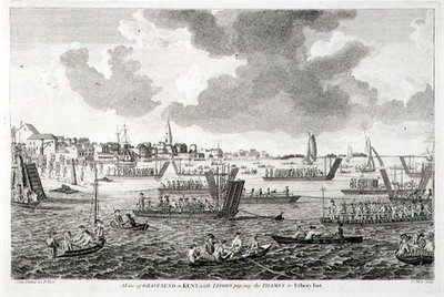 Veduta di Gravesend nel Kent, con truppe che attraversano il Tamigi verso il Forte di Tilbury da English School