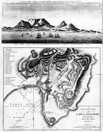 Veduta del Capo di Buona Speranza e Pianta della Città del Capo di Buona Speranza e dei suoi dintorni, pubblicata nel 1795 da English School