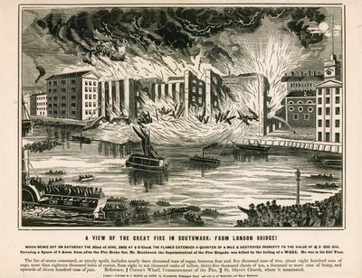 Una vista del grande incendio a Southwark, dal London Bridge da English School