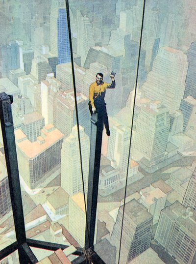 Un operaio su un trespolo vertiginoso, in alto sopra New York (litografia a colori) da English School
