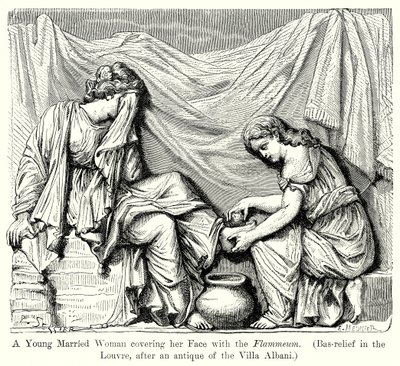 Una giovane donna sposata che si copre il viso con il Flammeum. (Bassorilievo del Louvre...) (incisione) da English School