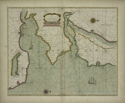 Carta della costa orientale della Scozia da un atlante marino contenente una descrizione idrografica della maggior parte delle coste conosciute del mondo di Samuel Thornton, 1707 (stampa colorata a mano) da English School