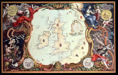 Una mappa che mostra i vari luoghi di azione tra le flotte inglesi e spagnole, con i luoghi dove diverse navi spagnole furono distrutte nel loro ritorno in Spagna, pubblicata nel 1739, da John Pine da English School