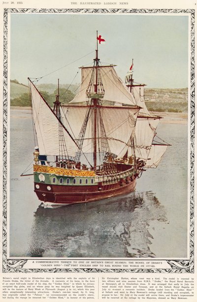 Tributo commemorativo a uno dei grandi marinai britannici: il modello della Golden Hind di Drake, la prima nave inglese a circumnavigare il mondo, dal The Illustrated London News Royal Naval and Military Review Number, 20 luglio 1935 da English School