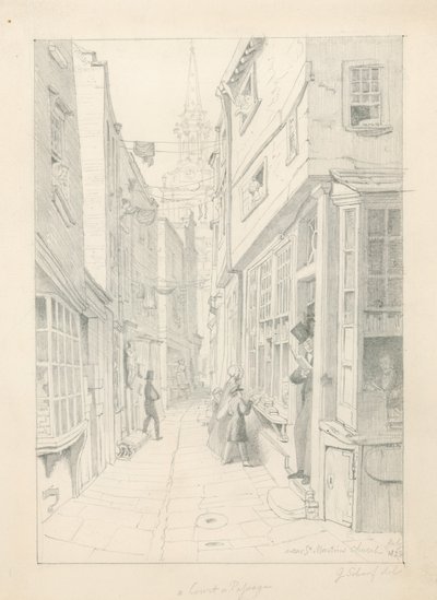 Un cortile o passaggio vicino alla chiesa di St Martins, Londra, luglio 1828 da English School