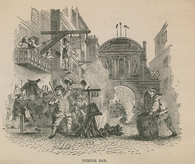 Una folla che alimenta un falò davanti a Temple Bar da English School