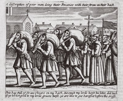 Una descrizione di poveri uomini che fanno penitenza con la paglia sulla schiena, illustrazione da Atti e Monumenti di John Foxe, nona edizione, pub. 1684 da English School