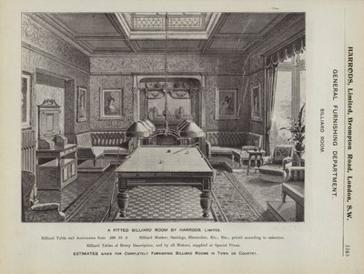 Una sala da biliardo arredata da Harrods (litografia) da English School