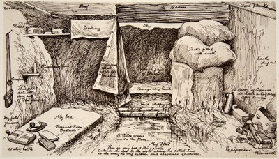 Un appartamento nelle dimore di fango, la Parata, Francia: un rifugio per ufficiali britannici, da un disegno di se stesso, da The Illustrated War News da English School