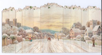Cartolina di Natale vittoriana pieghevole a fisarmonica di un castello e una chiesa e un uomo che porta una vanga nella neve, c.1880 da English School