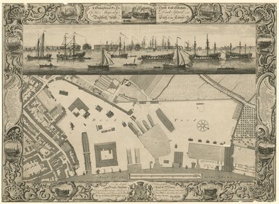 Piano geometrico e elevazione nord-est del Cantiere Navale di Sua Maestà a Deptford con parte della città da English School