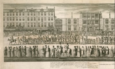 Vista geometrica della grande processione dei Miserabili Scalzi, Somerset House, Londra da English School