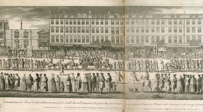 Vista geometrica della grande processione dei Miserabili Scalzi, Somerset House, Londra da English School