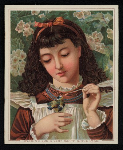 Ragazza che nutre una cinciallegra, cartolina di auguri di Natale da English School