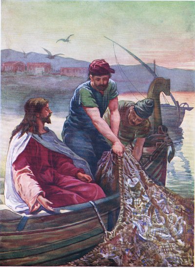 La pesca miracolosa, da The Bible Picture Book pubblicato da Thomas Nelson, c.1950 (litografia a colori) da English School