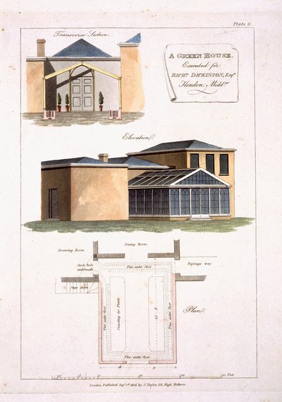 Una serra con dettagli gotici attaccata a una casa in stile neoclassico per Richard Dickinson Esq a Hendon, Middlesex, 1806 da English School