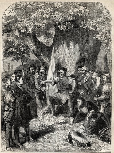 Un gruppo di dissidenti nel Norfolk durante la ribellione di Robert Kett del 1549 - rivolta nel Norfolk, Inghilterra durante il regno di Edoardo VI - Ket il Conciatore (1492-1549) arringa i suoi seguaci sotto la Quercia della riforma - incisione da 