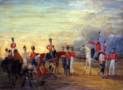 Un gruppo di ufficiali e uomini a cavallo e smontati della Cavalleria dello Yorkshire in vari ordini di abbigliamento, c.1820 da English School