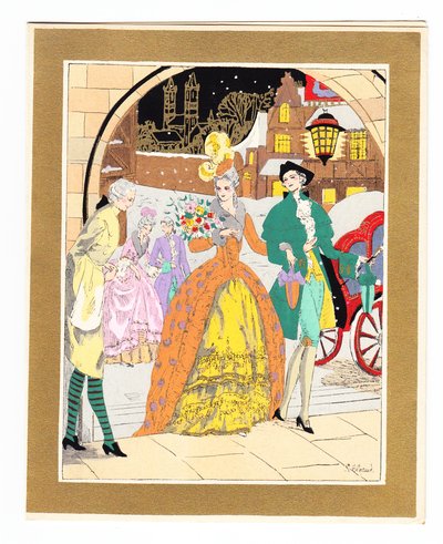 Biglietto di Natale francese Pochoir colorato a mano raffigurante un lacchè che accoglie una coppia di visitatori in abiti Regency, circa 1920 da English School