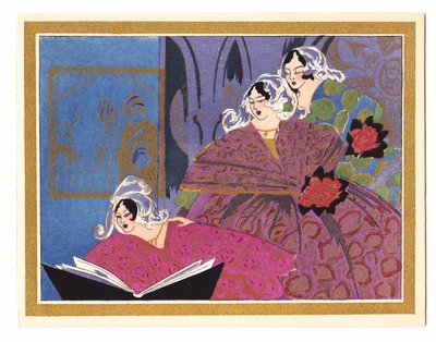 Cartolina di Natale francese colorata a mano raffigurante tre signore che cantano da un libro di canzoni, circa 1920 da English School