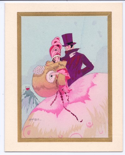 Cartolina di Natale francese pochoir colorata a mano di una dama del Regency con un manicotto, accompagnata da un gentiluomo con cilindro, circa 1920 da English School