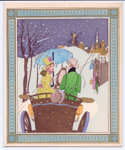 Una cartolina di Natale francese pochoir colorata a mano di una coppia di Rencecy in una carrozza aperta che attraversa la neve, circa 1920 da English School