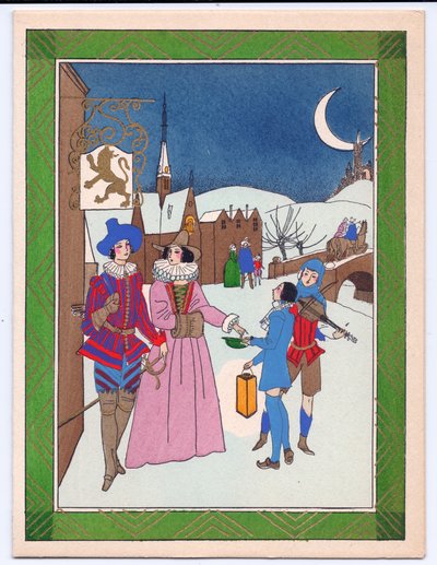 Cartolina di Natale francese colorata a mano di una scena Tudor di musicisti di strada ricompensati per la loro performance, circa 1920 da English School