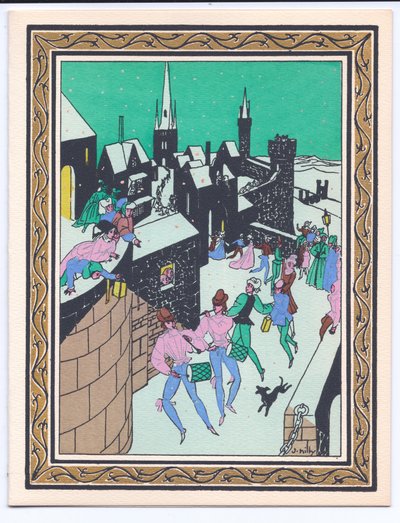 Una cartolina di Natale francese pochoir colorata a mano di una parata di musicisti che si esibiscono nelle mura di un castello, circa 1920 da English School