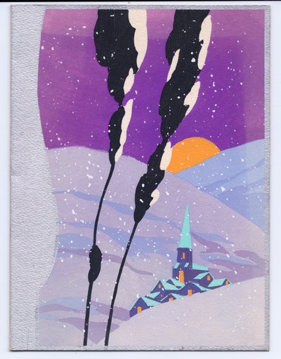 Un biglietto di Natale francese colorato a mano con una scena innevata in montagna di un tramonto e una chiesa, circa 1920 da English School
