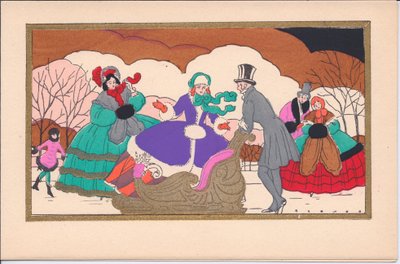 Biglietto di Natale francese pochoir colorato a mano di pattinatori vittoriani con una slitta, circa 1920 da English School