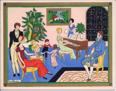 Una cartolina di Natale francese pochoir colorata a mano di una festa di Natale di famiglie Regency, con balli e intrattenimento musicale, circa 1920 da English School