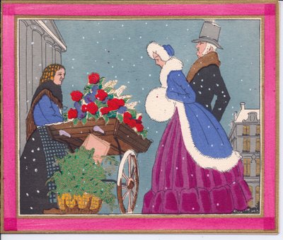 Cartolina di Natale Francese Pochoir Colorata a Mano di una Venditrice di Fiori Vittoriana, c.1920 da English School