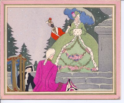 Cartolina di Natale francese pochoir colorata a mano di un uomo con parrucca che scende da una sedia a portantina e viene accolto da una signora in un cappotto foderato di pelliccia di ermellino con il suo servo nero, circa 1920 da English School