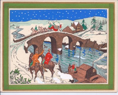Cartolina di Natale francese pochoir colorata a mano di una carrozza trainata da cavalli che attraversa un ponte e un cavaliere che alza il cappello in segno di saluto, circa 1920 da English School