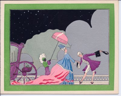 Una cartolina di Natale francese colorata a mano di un cortigiano che si inchina a una grande dama accompagnata dal suo servitore nero che tiene un ombrello per proteggerla dalla neve, circa 1920 da English School