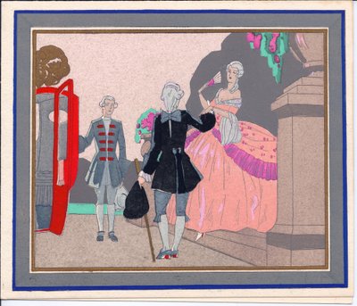 Cartolina di Natale francese pochoir colorata a mano di una grande signora che sta per entrare nella sua carrozza, la cui porta è tenuta aperta da un lacchè, circa 1920 da English School