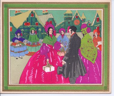 Cartolina di Natale francese pochoir colorata a mano di un gruppo di signore in abiti crinolina e cappelli che conversano con un gentiluomo con cilindro, circa 1920 da English School