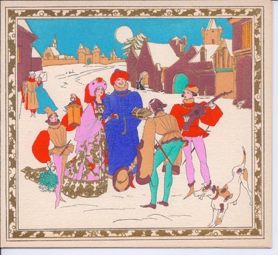 Cartolina di Natale francese pochoir colorata a mano di una coppia di menestrelli elisabettiani che intrattengono un signore e una signora, mentre il loro paggio tiene una lanterna, circa 1920 da English School
