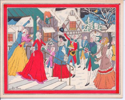 Cartolina di Natale francese pochoir colorata a mano di una scena invernale in epoca Tudor da English School