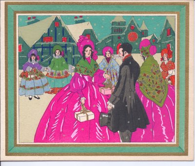 Biglietto di Natale francese pochoir colorato a mano di dame in abiti crinolina e un gentiluomo in redingote e cilindro, circa 1920 da English School