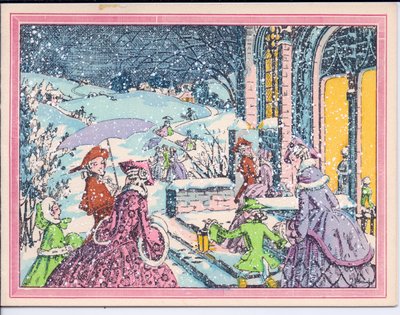 Cartolina di Natale Francese Pochoir Colorata a Mano di Festaioli che Arrivano nella Neve a un Palazzo, c.1920 da English School