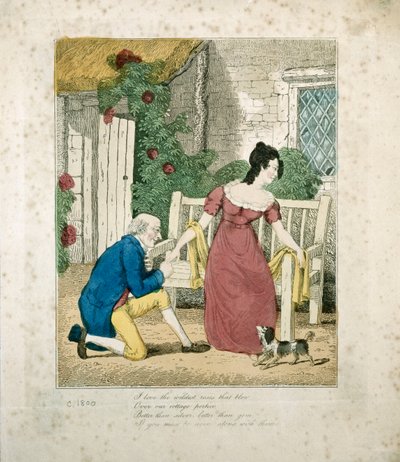 Scena litografata a mano colorata di un uomo che propone, c.1800 da English School