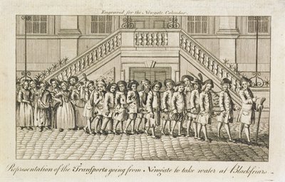 Una fila di detenuti incatenati dalla prigione di Newgate, Old Bailey, portati a Blackfriars per il trasporto, c.1760 da English School